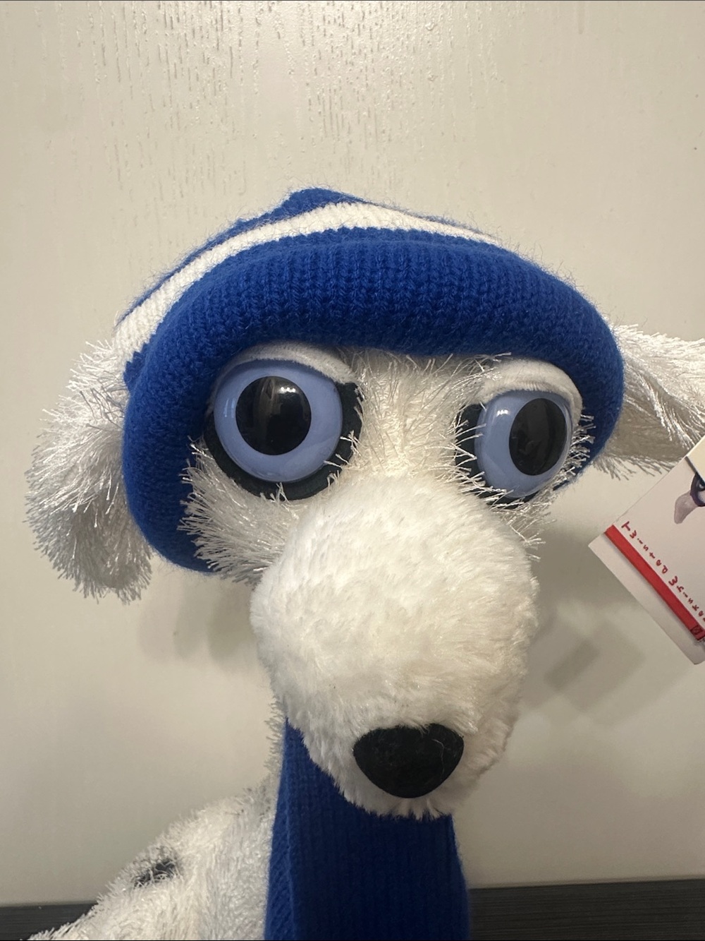 Twisted Whiskers Spot Plush Dog in winter set Blue Hat & Scarf